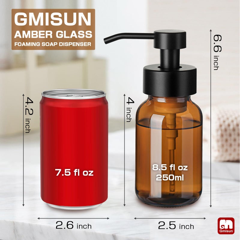 GM GMISUN GMISUN Foaming Soap Dispenser, 4 Pcs 8.5 Fl oz Amber Glass Foam Hand Soap Dispenser for Bathroom & Kitchen, Refillable Hand Soap Foam Dispensers, Modern Amber Glass Pump Bottle with Waterproof Labels - Image 3